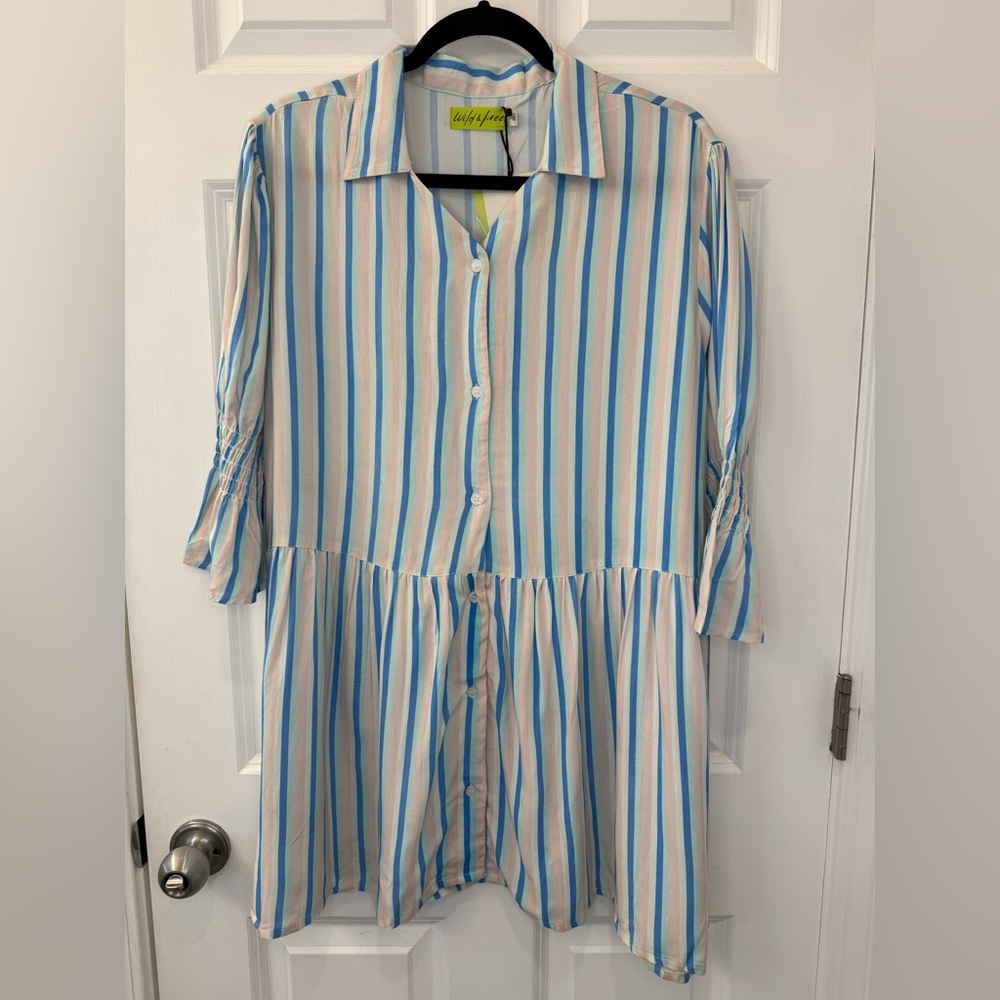 NWT Women’s Wild & Pree Button Front Shirt Dress Puff Sleeve Pink Blue White